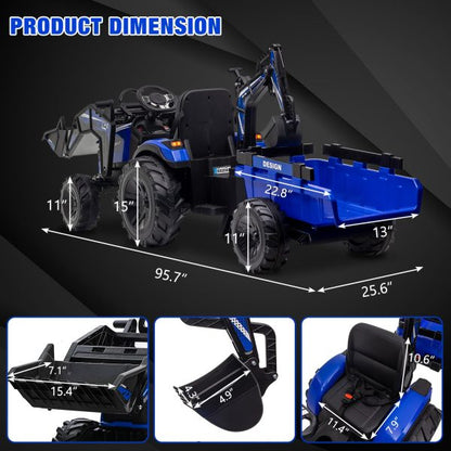 3-in-1 Ride-On Tractor, 24V Electric, Excavator & Bulldozer, Remote Control, LED, Music, USB/Bluetooth max 66 lbs – Bright-blue