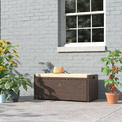 Outdoor Storage Bench Rattan Style Deck Box Wicker Patio Furniture Water Resistance w/Seat Cushion, 60-Gallon, Brown