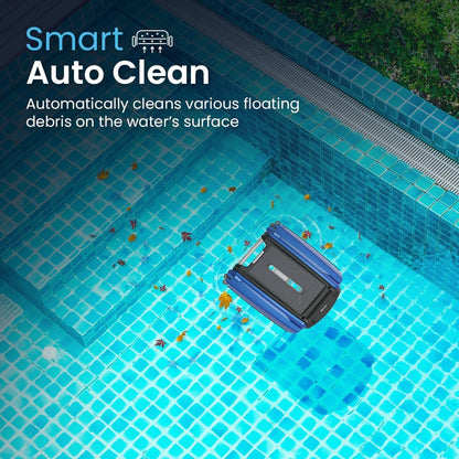 Solar Powered Automatic Robotic Pool Surface Skimmer Cleaner with 30-Hour Continuous Cleaning Battery Power and Re-Engineered Twin Salt Chlorine Tolerant Motors (Blue)