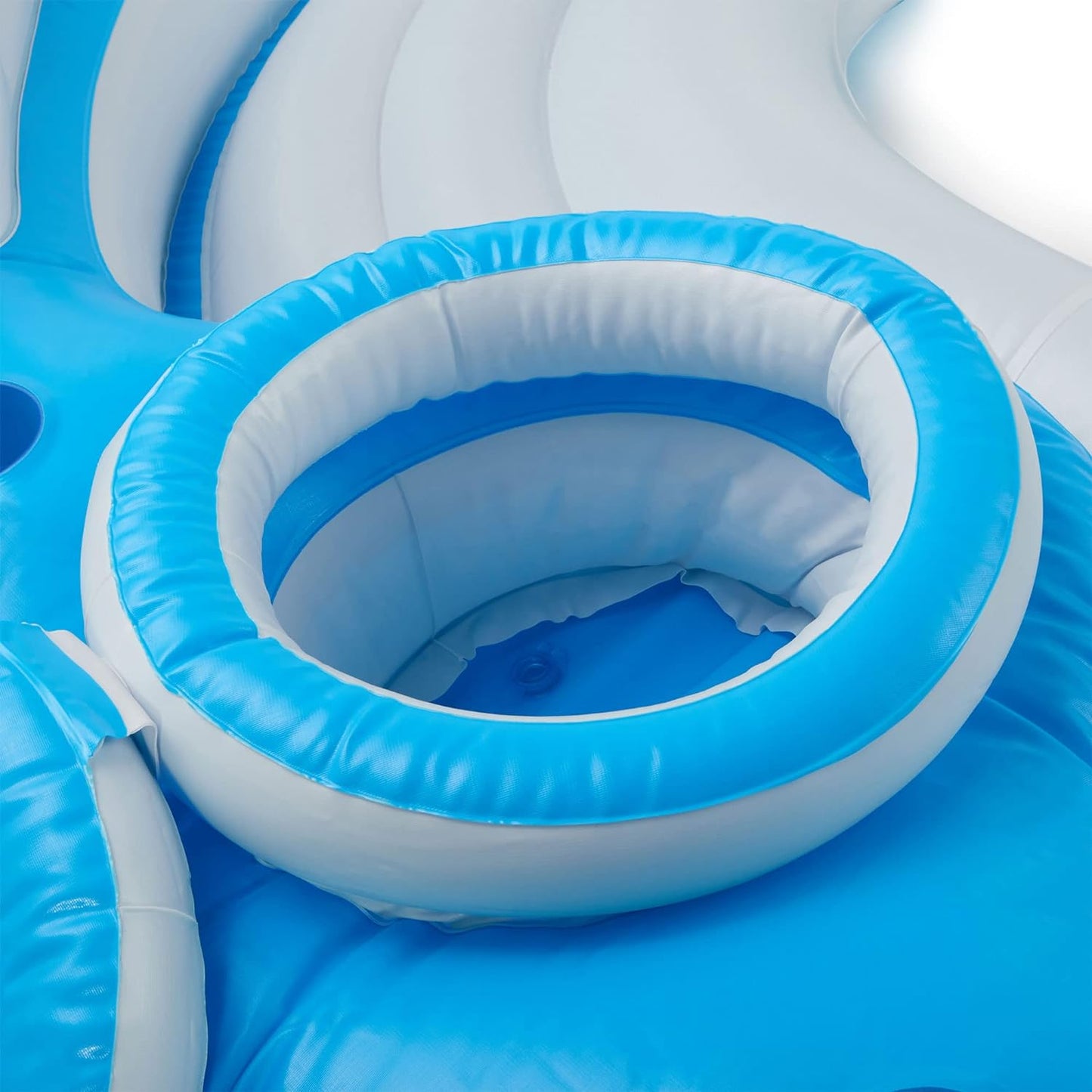 145 x 125 x 20 Inch Inflatable Lake and Pool Relaxation Island Lounger Seat for up to 7 Adults, Blue and White.
