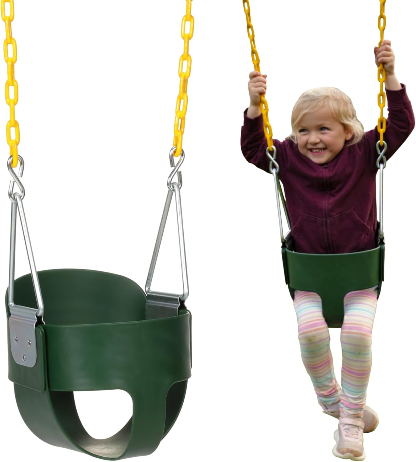 Heavy-Duty High Back Full Bucket Toddler Swing Seat | Coated Swing Chains Fully Assembled | Green Swing Set Accessory