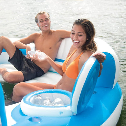 145 x 125 x 20 Inch Inflatable Lake and Pool Relaxation Island Lounger Seat for up to 7 Adults, Blue and White.