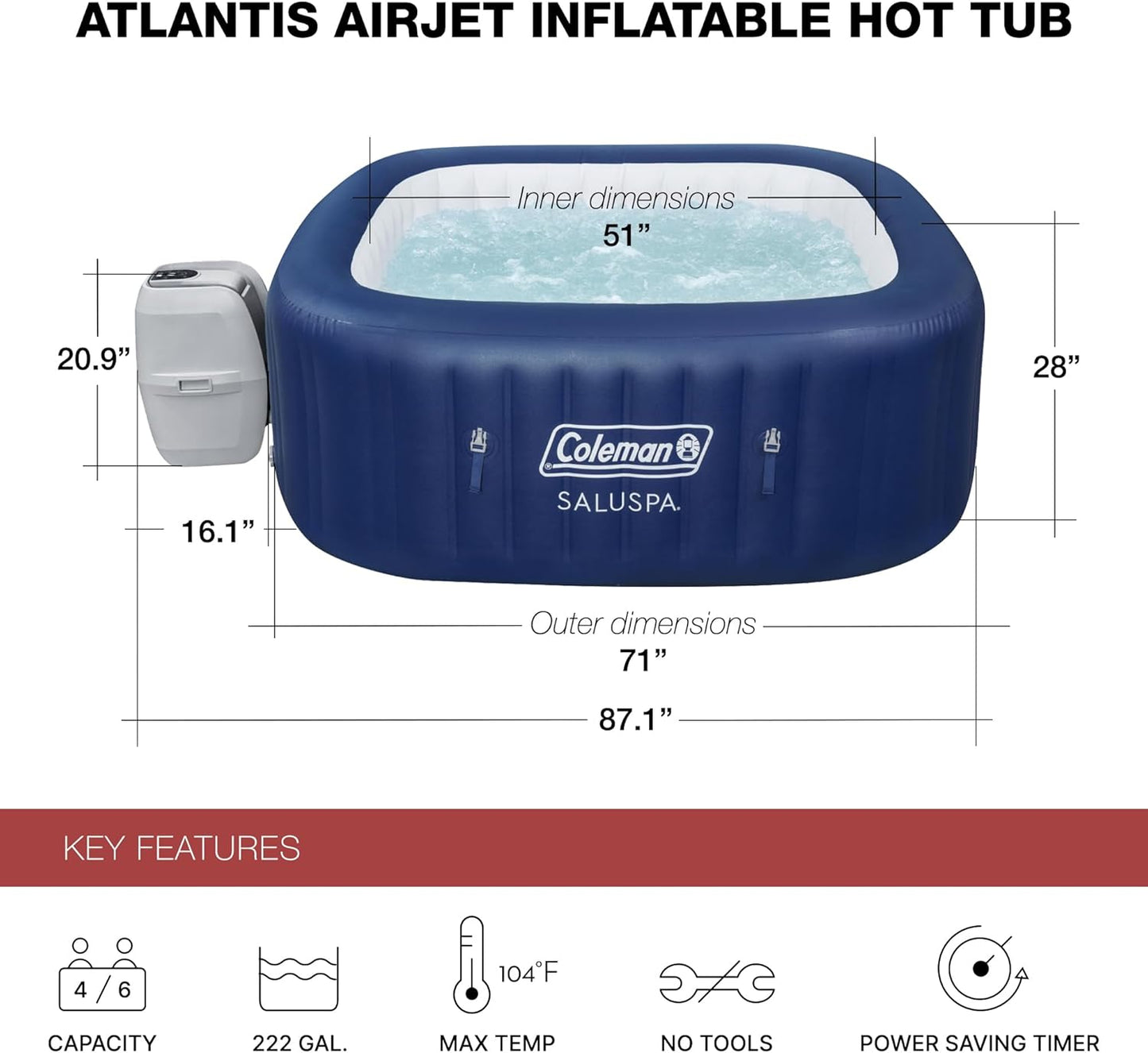 4 to 6 Person Inflatable Hot Tub Square Portable Outdoor Spa with 114 Soothing AirJets and Insulated Cover.