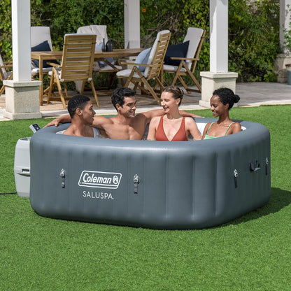 4 to 6 Person Inflatable Hot Tub Square Portable Outdoor Spa with 114 Soothing AirJets and Insulated Cover.
