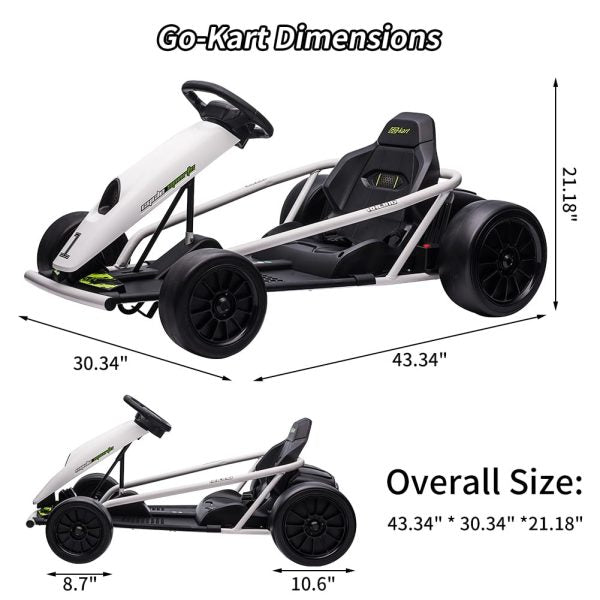 24V Go Kart for Kids 8-12, 300W*2 Motors, 9Ah Battery, 8MPH Speed, Music, Horn, 175lbs Max Load – White