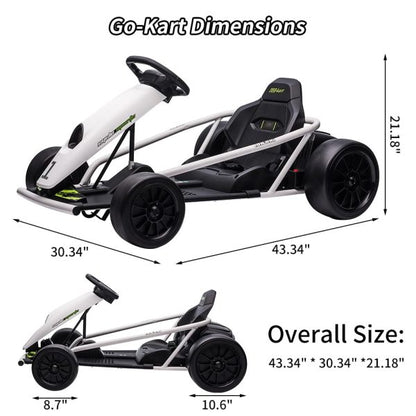 24V Go Kart for Kids 8-12, 300W*2 Motors, 9Ah Battery, 8MPH Speed, Music, Horn, 175lbs Max Load – White