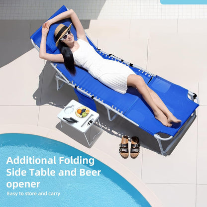3-in-1 Outdoor Sun Tanning Lounge Chair with Face Hole – 5-Position Recliner, Folding Side Table & Removable Pillow, 330lbs Capacity, Blue