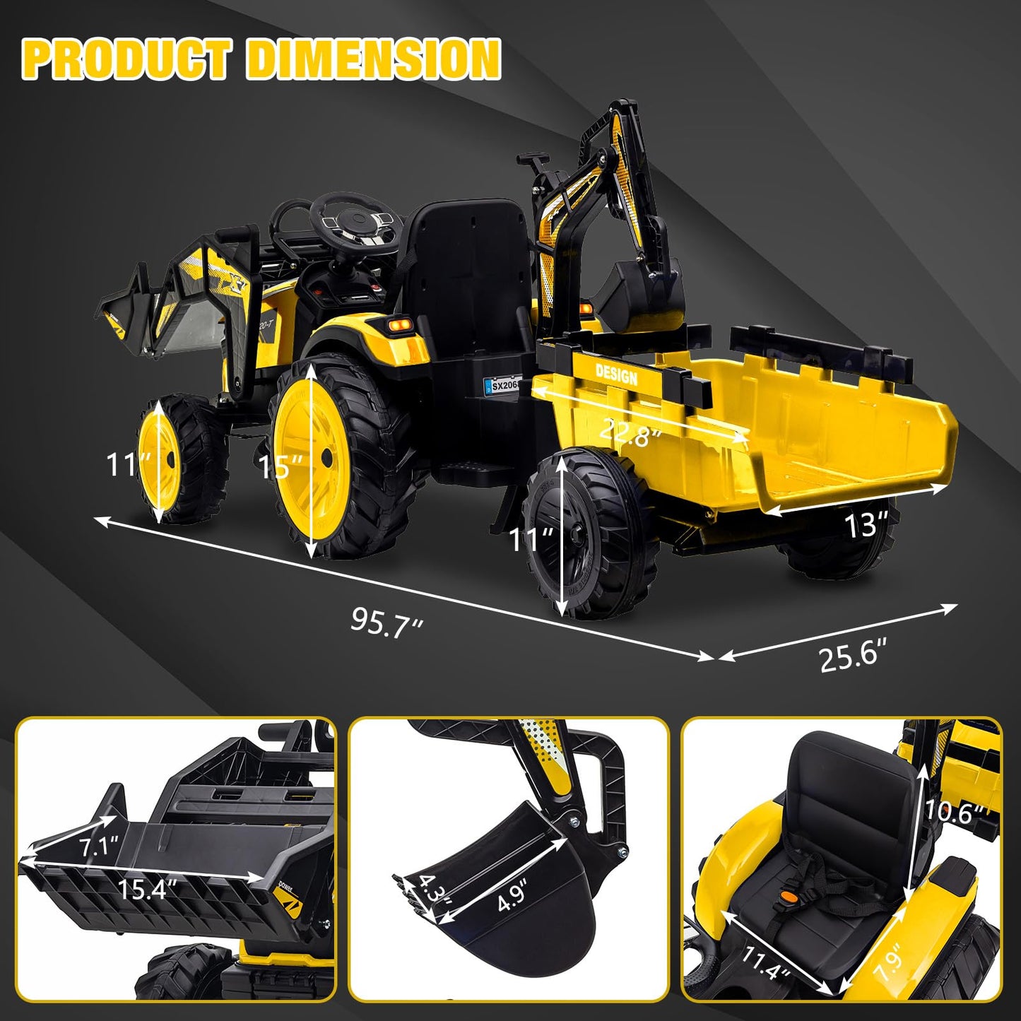 3-in-1 Ride-On Tractor, 24V Electric, Excavator & Bulldozer, Remote Control, LED, Music, USB/Bluetooth max 66 lbs – Bright-yellow