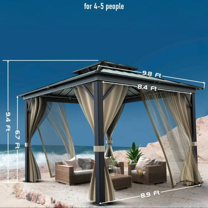 10’x10′ Hardtop Gazebo with double metal roof, aluminum frame, net, and curtain. All-weather, ideal for patio, deck, garden, backyard. Khaki.