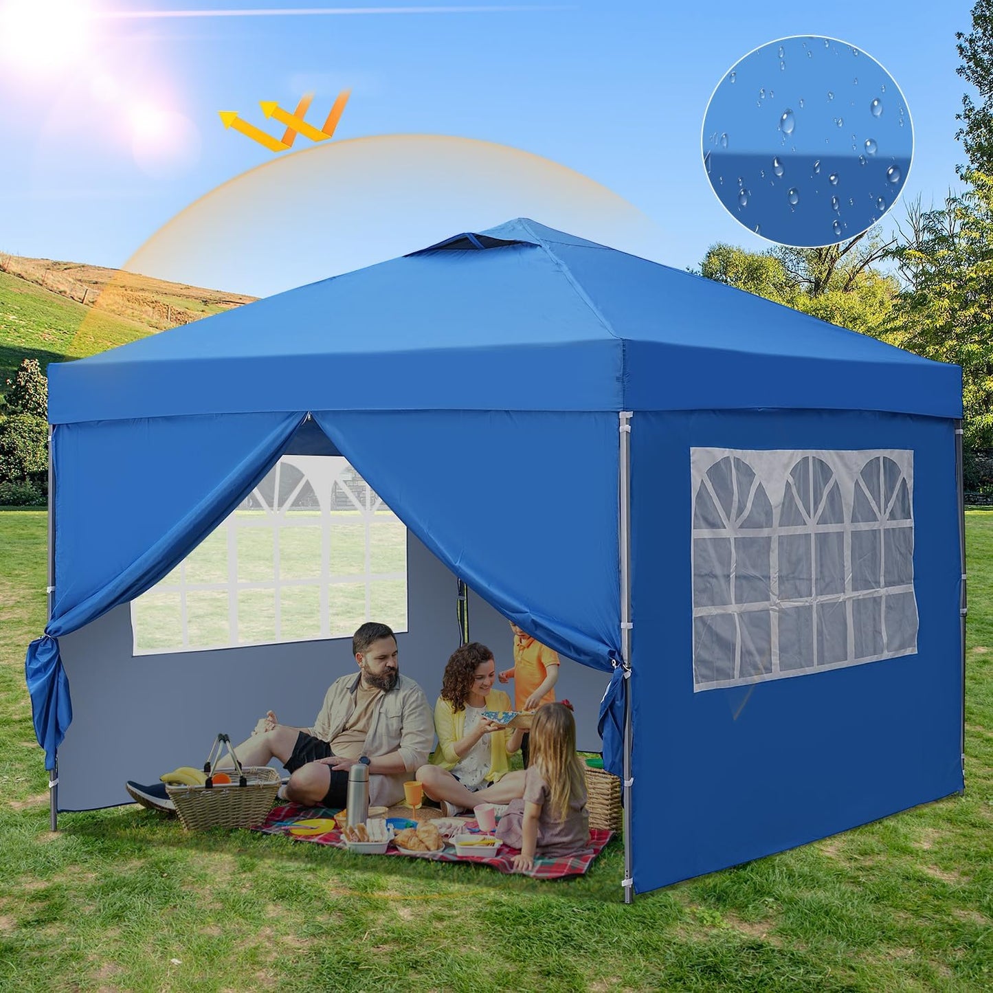 10x10 Pop Up Canopy Tent, Outdoor Canopy Tent, Patio Tent,Commercial Instant Gazebos,4 Sidewalls, Portable Shelter Canopies, with 4 sandbags, Blue.
