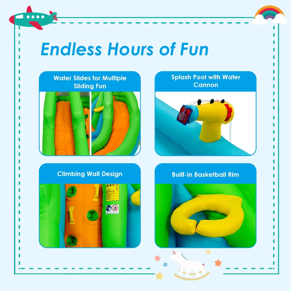 Inflatable Water Park Bounce House w/Climbing Wall Two Slides and Splash Pool
