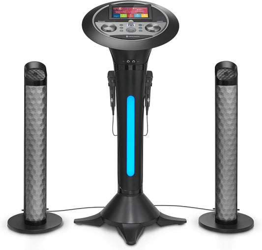 Portable WiFi Karaoke Machine for Adults – Black Pedestal with 7” Touchscreen, Built-In Speaker, Bluetooth, Recorder & 2 Wired Microphones