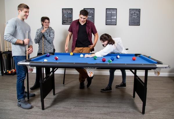 6 Ft Portable Pool Table, Adults Folding Billiards Tables for Game Room with Easy Foldable Storage, Includes Full Set of Billiard Balls, Cues, Chalk & Brush
