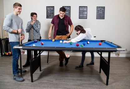 6 Ft Portable Pool Table, Adults Folding Billiards Tables for Game Room with Easy Foldable Storage, Includes Full Set of Billiard Balls, Cues, Chalk & Brush