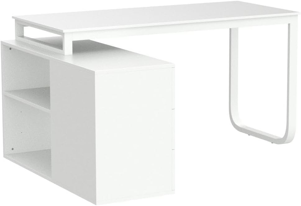 Home Office Computer Desk Corner Desk with 3 Drawers and 2 Shelves, 55 Inch Large L-Shaped Study Writing Table with Storage Cabinet - Walnut and White