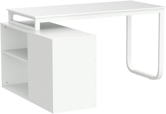 Home Office Computer Desk Corner Desk with 3 Drawers and 2 Shelves, 55 Inch Large L-Shaped Study Writing Table with Storage Cabinet - Walnut and White