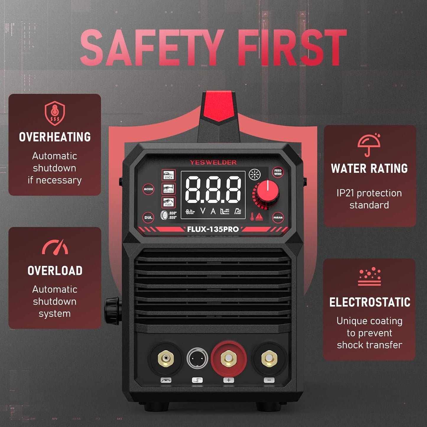 135Amp MIG Welder,110V Flux Core Welder Flux Core MIG/Lift TIG/Stick 3-in-1 Large LED Digital Display Welding Machine IGBT Inverter Welder FLUX-135PRO