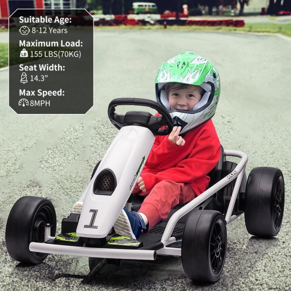 24V Go Kart for Kids 8-12, 300W*2 Motors, 9Ah Battery, 8MPH Speed, Music, Horn, 175lbs Max Load – White