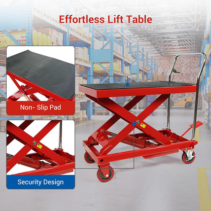 660LBS Hydraulic Lift Table Cart – 31" Lift Height, Double Scissor Design with 4 Wheels & Non-Slip Pad for Material Handling