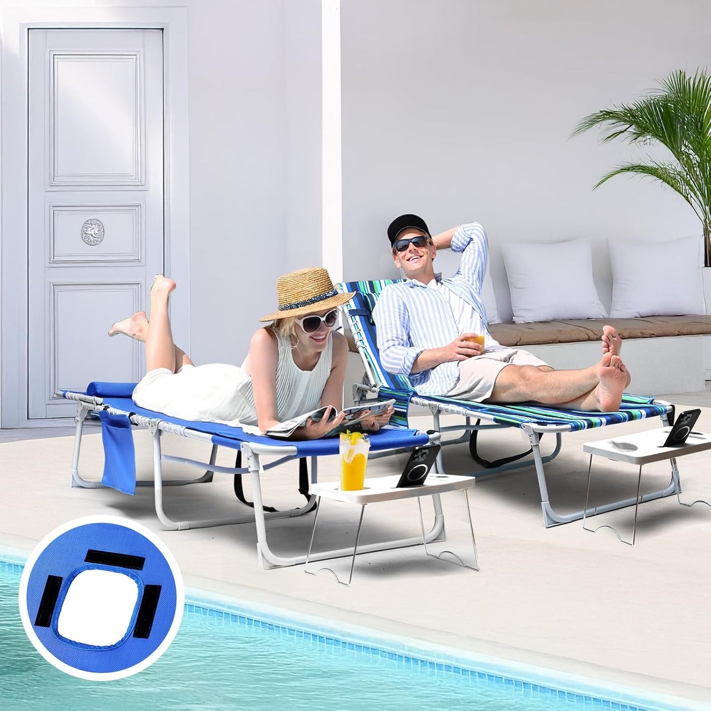 3-in-1 Outdoor Sun Tanning Lounge Chair with Face Hole – 5-Position Recliner, Folding Side Table & Removable Pillow, 330lbs Capacity, Blue