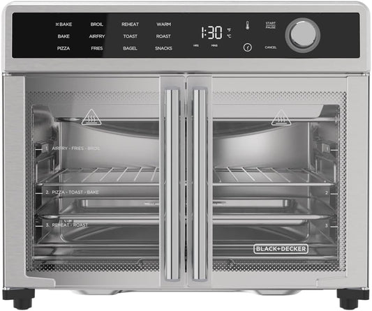 Air Fryer Toaster Oven Combo, 12 in 1 Countertop Convection Oven Cooks Food Fast, Fits a Whole Pizza or 6 Toast Slices, French Doors with Stainless Steel Finish.