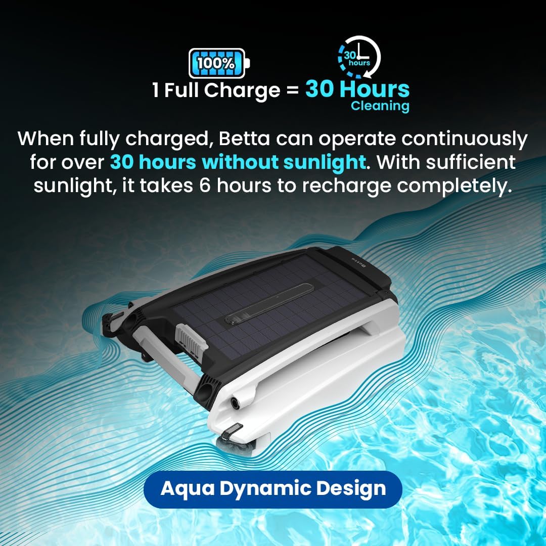 Solar Powered Automatic Robotic Pool Surface Skimmer Cleaner with 30-Hour Continuous Cleaning Battery Power and Re-Engineered Twin Salt Chlorine Tolerant Motors (Blue)