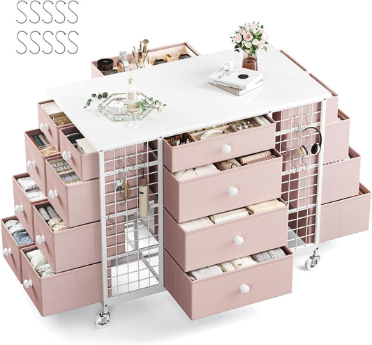 24 Drawers White Dresser for Bedroom, Dressers & Chests of Drawers with 4 Wheels and 40“ * 23” Wide Wooden Top, Metal Frame, Closet Island with Hooks for Bedroom, Cloakroom, Dressing Room