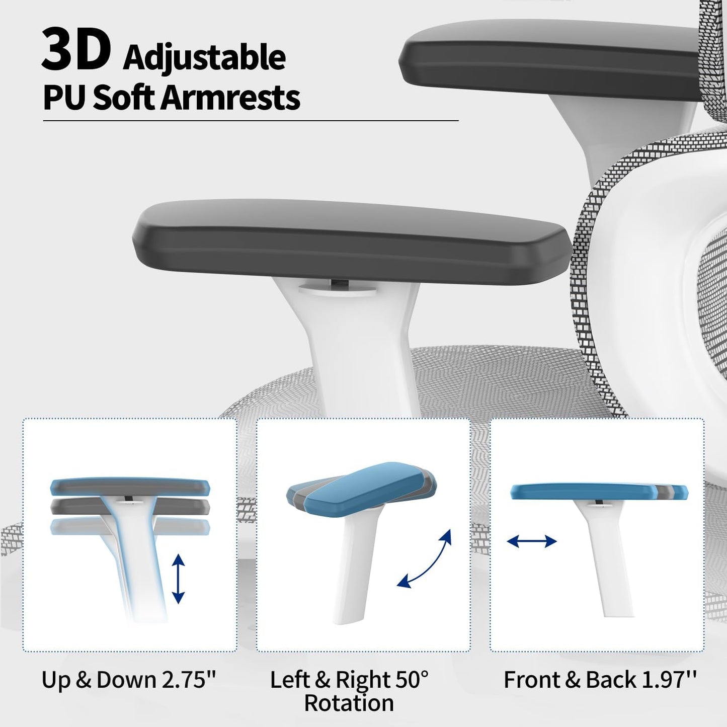 3D Ergonomic Office Chair – High Back Mesh Desk Chair with 3D Adjustable Armrests, Wheels, for Home and Office.