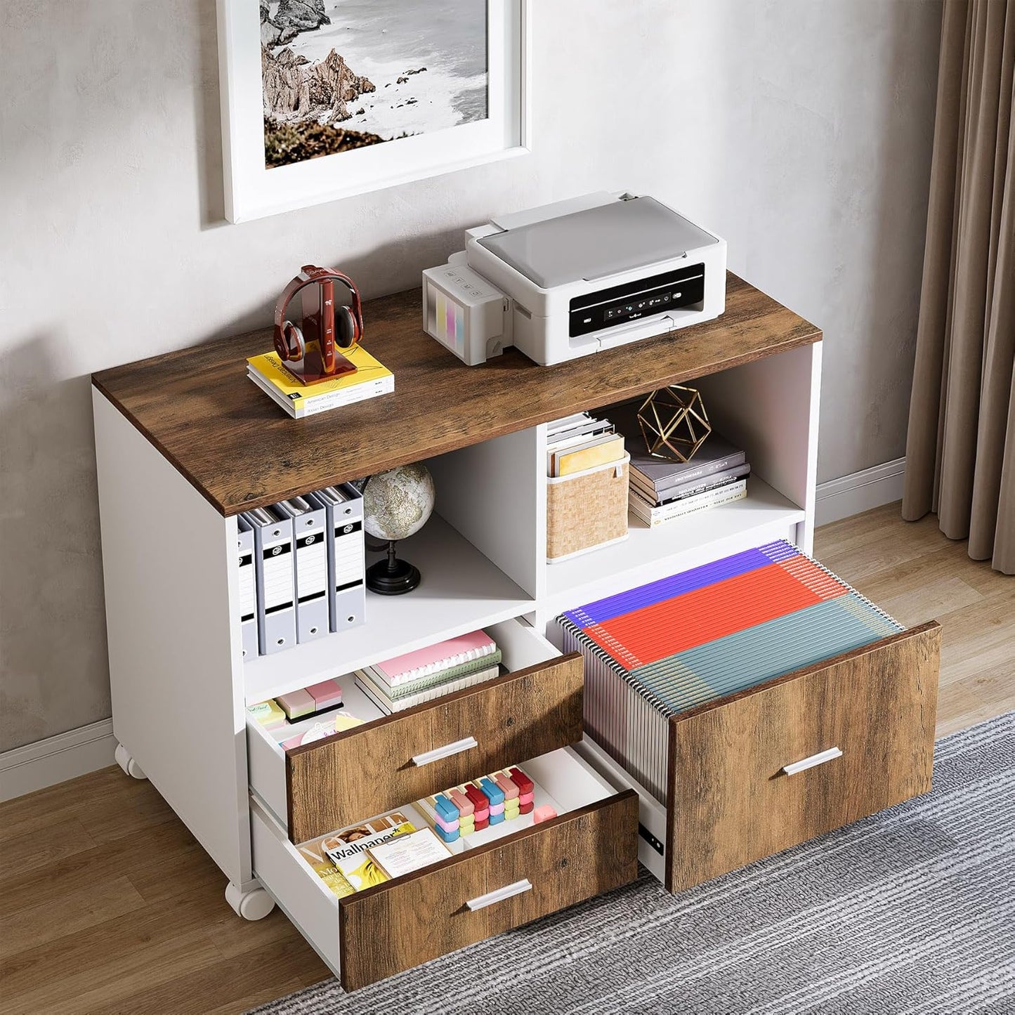 \L Shaped Desk with Drawer Cabinet, 63" Executive Computer Desk and lateral File Cabinet, 2 Piece Home Office Furniture with Drawers for Hanging File, Doors with Locks (Gray, 63 inches)