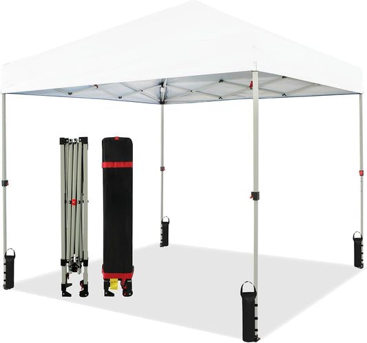 10x10 Pop Up Canopy - Beach Tent with One Push Setup - Easy Outdoor Sun Shade for Events, Parties, Camping - Gazebo with STO-N-Go Cover Bag, Silver Coated Top, White