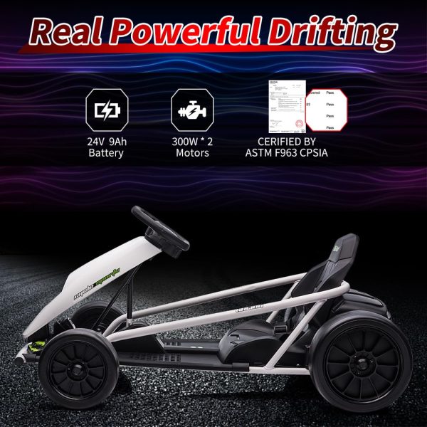 24V Go Kart for Kids 8-12, 300W*2 Motors, 9Ah Battery, 8MPH Speed, Music, Horn, 175lbs Max Load – White