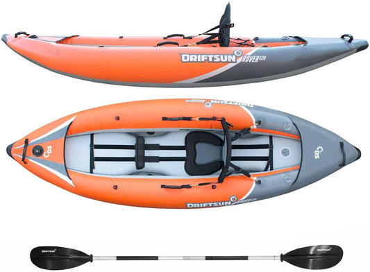 120/220 Inflatable Tandem White-Water Kayak with High Pressure Floor and EVA Padded Seats with High Back Support, Includes Action Cam Mount, Aluminum Paddles, Pump and More