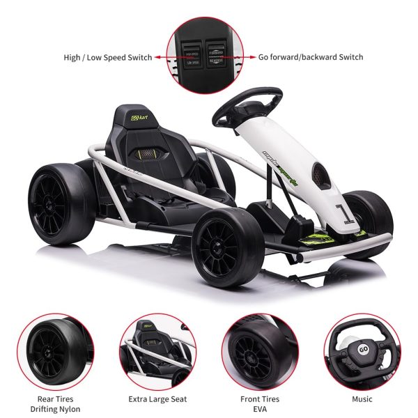 24V Go Kart for Kids 8-12, 300W*2 Motors, 9Ah Battery, 8MPH Speed, Music, Horn, 175lbs Max Load – White