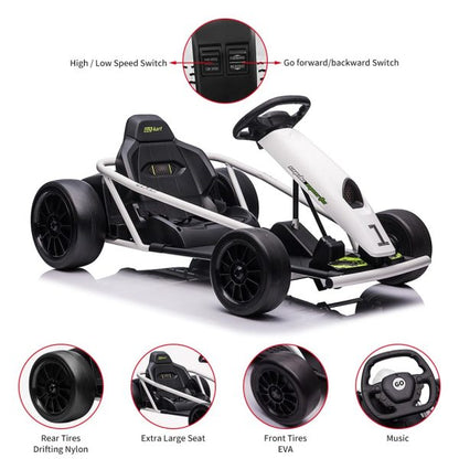 24V Go Kart for Kids 8-12, 300W*2 Motors, 9Ah Battery, 8MPH Speed, Music, Horn, 175lbs Max Load – White