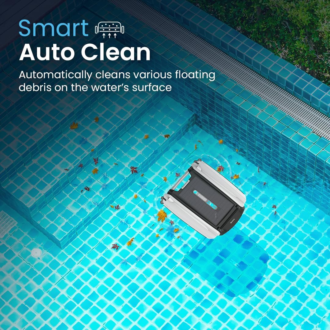 Solar Powered Automatic Robotic Pool Surface Skimmer Cleaner with 30-Hour Continuous Cleaning Battery Power and Re-Engineered Twin Salt Chlorine Tolerant Motors (Blue)