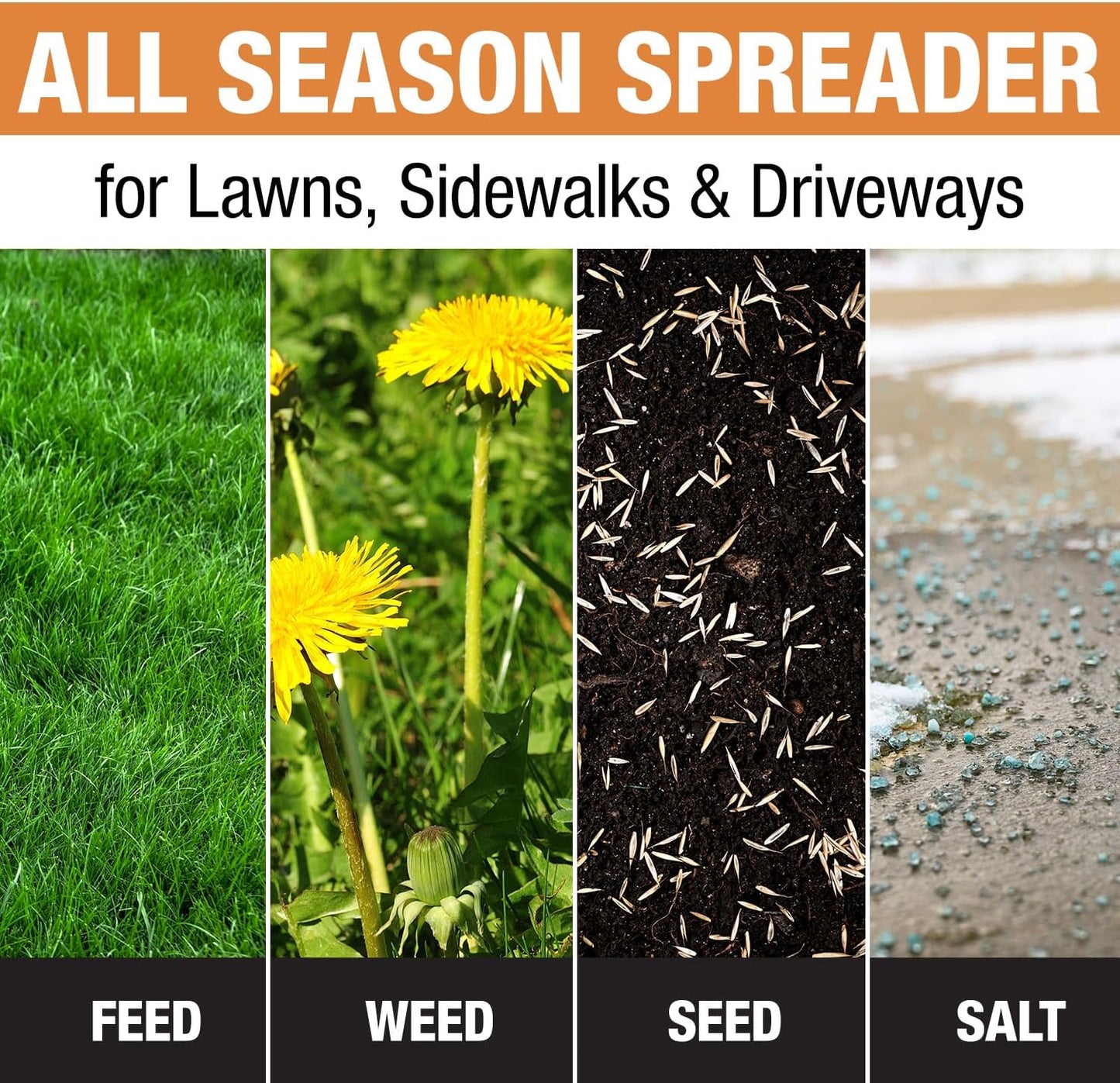 Walk Behind Push Spreader, 100lb Capacity, For Salt, Ice & Snow Melt, Included Grate & Cover With Enclosed Gearbox for Protection.