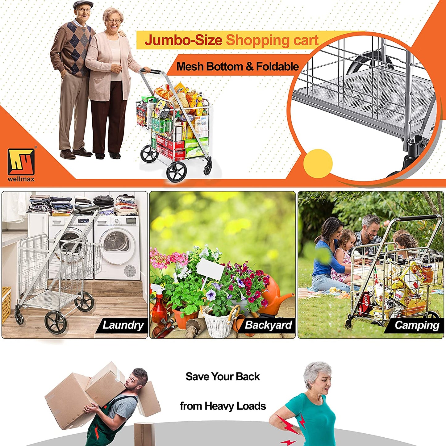 Shopping Cart with Wheels, Metal Grocery Cart with Wheels, Shopping Carts For Groceries