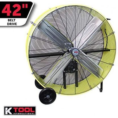 42′′ Belt Drive Drum Fan; Industrial, Garage, Shop, High Speed 2-Speed, Durable, Cut-Off Protection, Easy Mobility Rubber Wheels; SAFETY YELLOW.