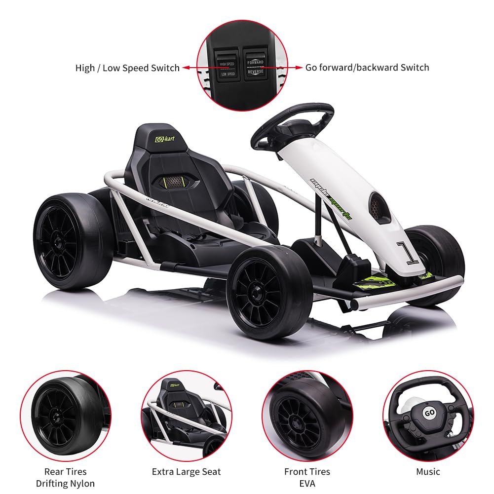 24V Go Kart for Kids 8-12, 300W*2 Motors, 9Ah Battery, 8MPH Speed, Music, Horn, 175lbs Max Load – White