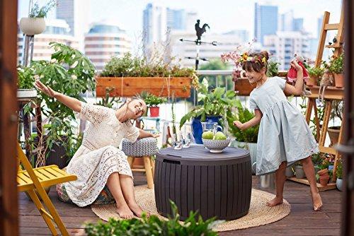 37 Gallon Round Deck Box, Patio Table for Outdoor Cushion Storage, Brown