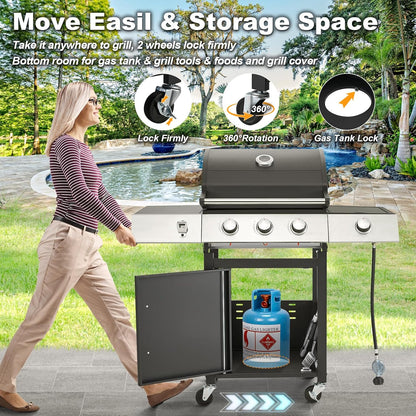 Upgraded 4 Burner BBQ Propane Gas Grill with Cast Iron Grates & Side Stove, 44,000 BTU Stainless Steel Burner Barbecue Grill for Patio, Camping, Outdoor Cooking.