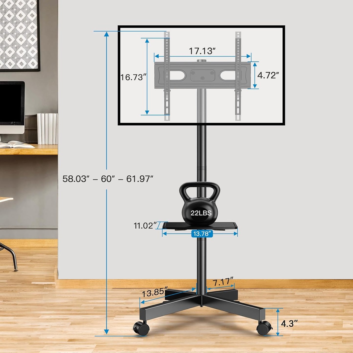 Mobile TV Stand for 23-60 Inch LCD LED Flat/Curved Panel Screen TVs, Tilt TV Cart Holds up to 88Lbs Portable Stand with Laptop Shelf Rolling Floor Max VESA 400x400mm (PSTVMC06)