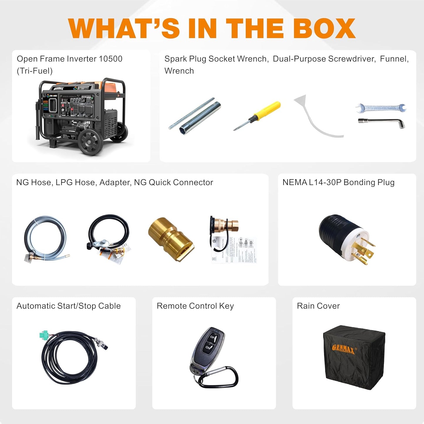 10500 Peak Watt Tri Fuel Open Frame Inverter Generator,with ATS,Quiet Technology,CO Sensor,digital display and 50A,Ideal for Home backup,contruction site and RV Camping.