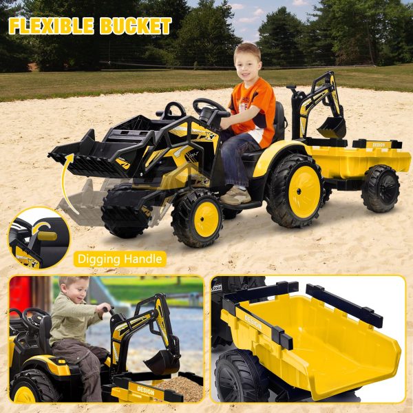 3-in-1 Ride-On Tractor, 24V Electric, Excavator & Bulldozer, Remote Control, LED, Music, USB/Bluetooth max 66 lbs – Bright-yellow
