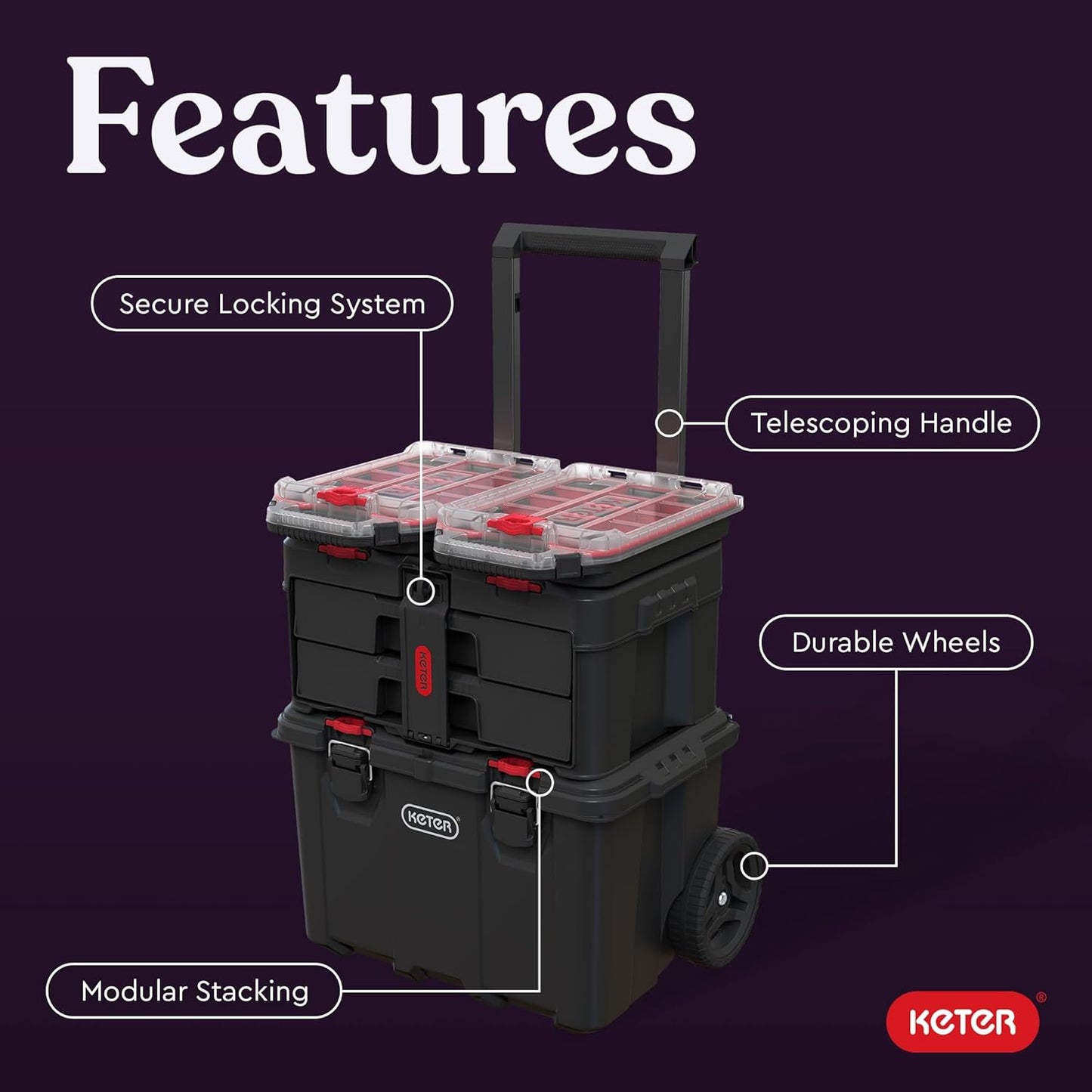 Modular Tools Organizer for Garage Storage and DIY, 3 Piece Resin Rolling Tool Box System for Small Parts