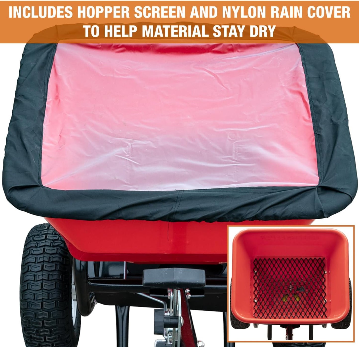 Walk Behind Push Spreader, 100lb Capacity, For Salt, Ice & Snow Melt, Included Grate & Cover With Enclosed Gearbox for Protection.