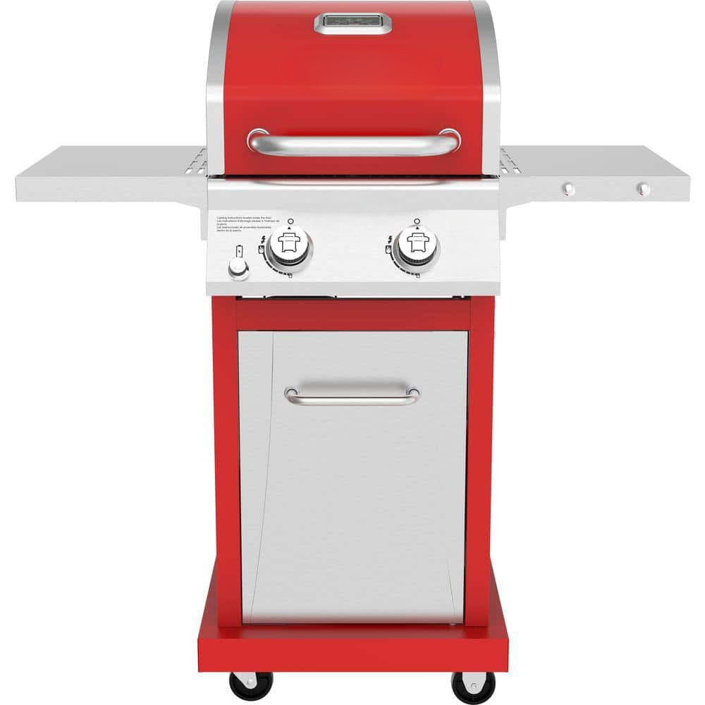 2-Burner Propane Gas Grill, Red – Stainless Steel, 28,000 BTUs, Compact Design