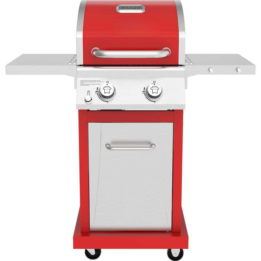 2-Burner Propane Gas Grill, Red – Stainless Steel, 28,000 BTUs, Compact Design