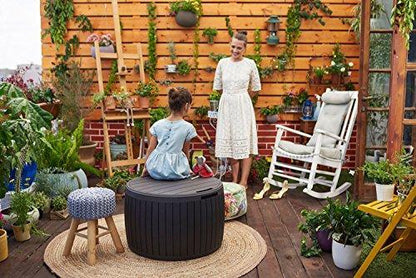 37 Gallon Round Deck Box, Patio Table for Outdoor Cushion Storage, Brown