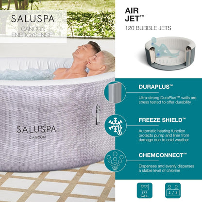 Large Round 2 to 4 Person Inflatable Hot Tub Portable Outdoor Spa with 120 AirJets and EnergySense Cover, Grey